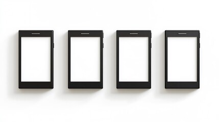 Four phones with blank screens on a white surface