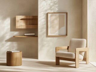 A white chair with a brown frame sits in front of a window. A table with a glass of water and a book is in front of the chair