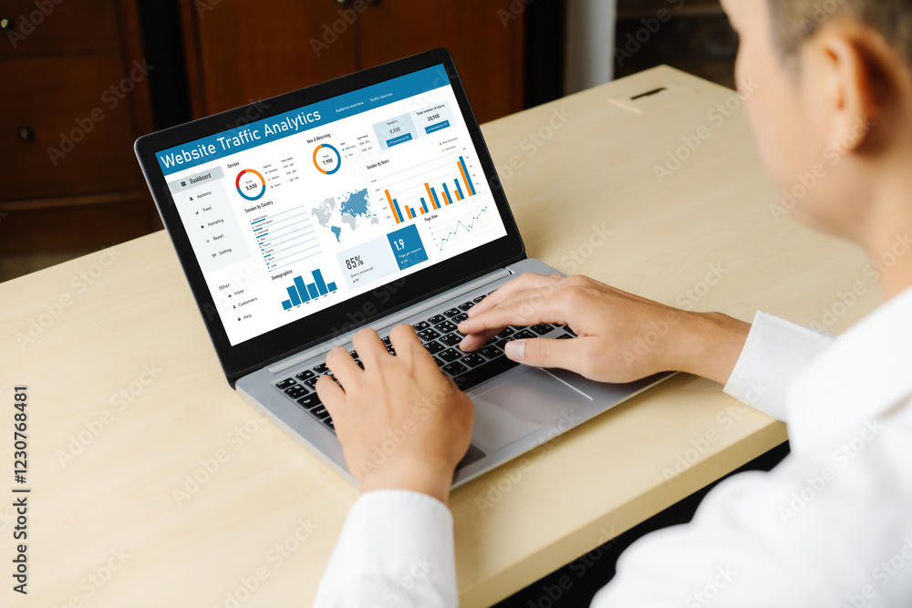 Poster computer software for website traffic analytics data on computer screen. concept of seo search engin