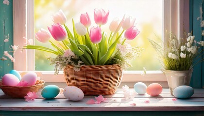 Naklejka premium Wielkanocne tło z pisankami i tulipanami