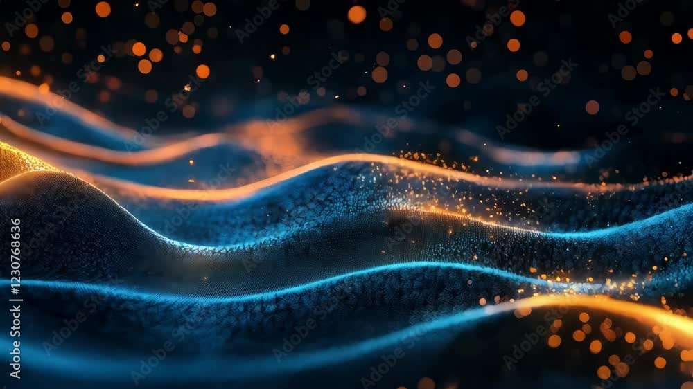 Poster dynamic flow of glowing neon waves with sparkling orange particles in motion