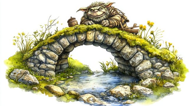 On an ancient stone bridge, a whimsical troll sits calmly over a peaceful river, enveloped by vibrant greenery and colorful wildflowers