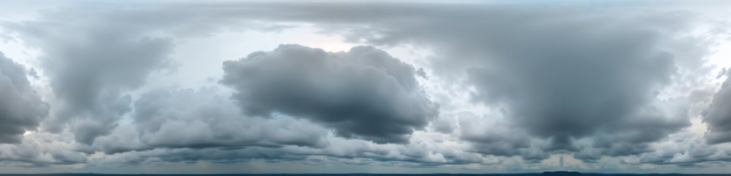 Cloudy sky panorama shows low clouds, overcast day. View seamless, complete for 3D graphics games. Drone shot captures full spherical perspective. Sky dome shows cloudy landscape. Looks like rainy