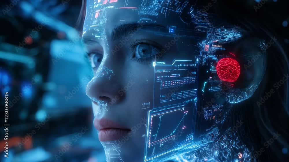 Poster futuristic ai interface display on human profile in a neon cyber environment