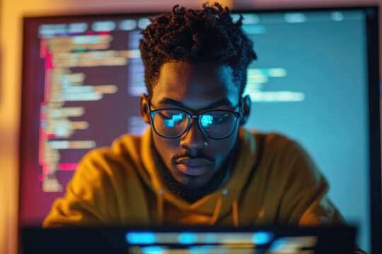 Focused young programmer intently reviewing code on his computer screen late at night.
