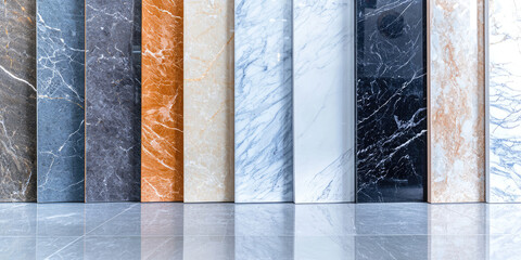 Different marble slabs samples displayed in a showroom, a wide selection of natural marble stone flooring for floor finishes, construction store