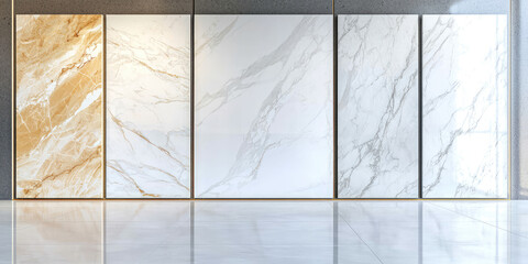 Different marble slabs samples displayed in a showroom, a wide selection of natural marble stone flooring for floor finishes, construction store