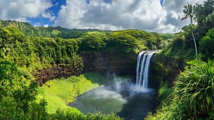 Fototapeta premium Captivating sight of the secret falls in kapaa's jungle, kapaa, jungle, tropical, hidden, nature. Enchanted Falls. Illustration