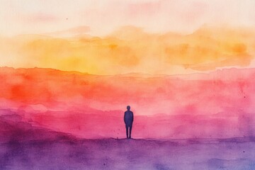 Fototapeta premium A lone figure silhouetted against a vibrant, multi-hued sunset landscape.