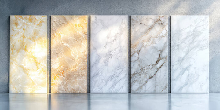 Different marble slabs samples displayed in a showroom, a wide selection of natural marble stone flooring for floor finishes, construction store