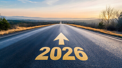Road to New Year Concept: a straight, empty asphalt road in a beautiful natural landscape, leading into the distance with a yellow arrow and the text "2026" written on i