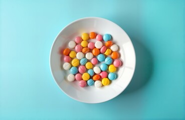Colorful pills in white bowl on light-blue background. Variety of vibrant colors. Health concept. Medicine. Medical illustration. Possible use for medical educational materials. Prescription drugs.