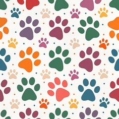 Fototapeta premium Colorful dog paw prints form cheerful repeating pattern on white background. Prints in various shades of vibrant colors, creating playful, joyful design. Abstract pattern used for backgrounds on