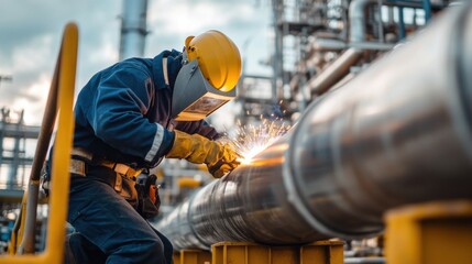 A focused shot of a welder performing intricate welding on steel beams at a bridge construction site, Bridge construction steel welding scene, Skilled and meticulous style