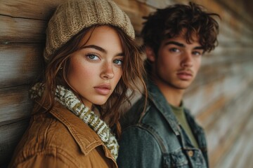 Fototapeta premium A young couple poses against a wooden wall, showcasing autumnal fashion and a close, intimate connection.