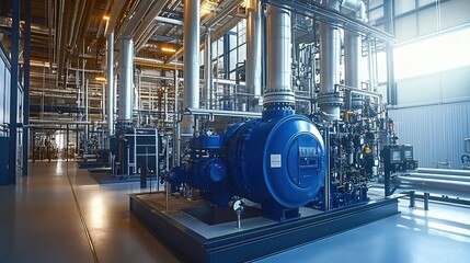 A large and modern biogas plant with two prominent blue industrial gas engines, surrounded by clean white walls and silver pipes in an open space filled with bright natural light.