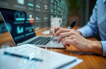 Person works on laptop. Modern tech tools streamline hr management. Online forms, assessments. Person uses laptop with digital graphics on screen. Data analysis for hiring, recruitment. Employments,