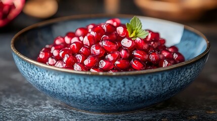 A bowl of red fruit with a green leaf on top