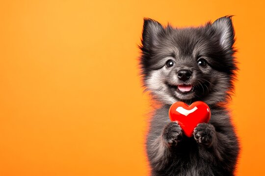 Ad concept art. Cute keeshond doggy with diamond red heart - emblem of love, funny greeting card. Keeshond - my treasured dog. Romantic puppy moments. Dog cuddling heart. Romantic pets.
