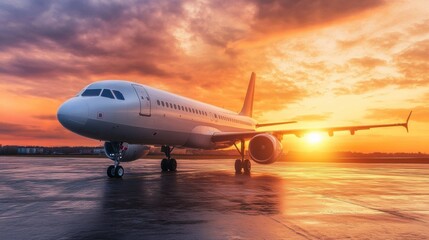 Airplane silhouette flying into a vibrant golden sunset at an airport during early evening hours. Generative AI