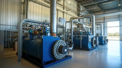 A large and modern biogas plant with two prominent blue industrial gas engines, surrounded by clean white walls and silver pipes in an open space filled with bright natural light.
