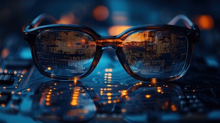 Glasses reflecting a circuit board and technology, symbolizing the integration of vision in machine learning