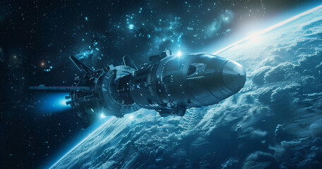 Spaceship cruising through the cosmos with vibrant stars and planets in the background showcasing the vastness of outer space