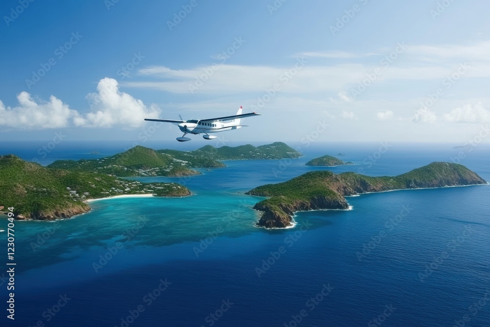 Aufkleber plane gliding over serene blue ocean with small islands dotted below on a clear day. generative ai