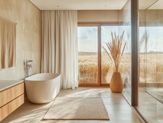 A bathroom with a white bathtub and a window. A potted plant is on the floor