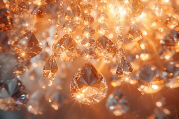 There are many crystal stones hanging from a chandelier