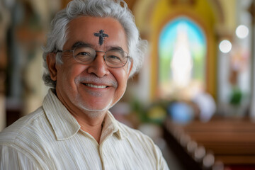Older Hispanic man with ash smudge of Christian cross on forehead, Ash Wednesday concept