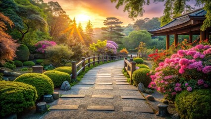 Serene walkway in Japanese Garden at sunrise, pathway, flowers,  pathway, flowers, sunrise, tree,serene