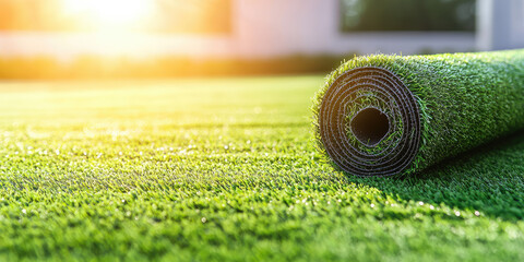 Rolled artificial grass mat. Creative floor covering in the room. Artificial grass carpeting