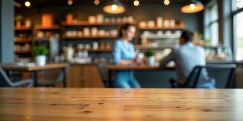 Obraz premium Wooden table in cafe setting. Blurred background shows people sitting, working. Ideal for product placement. Modern cafe interior with wooden details. Relaxed ambiance suitable for business, leisure.