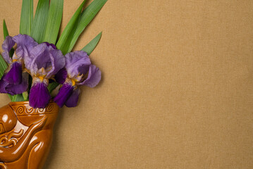 Iris flowers in a vase on fabric background. Flat lay, top view. Copy space
