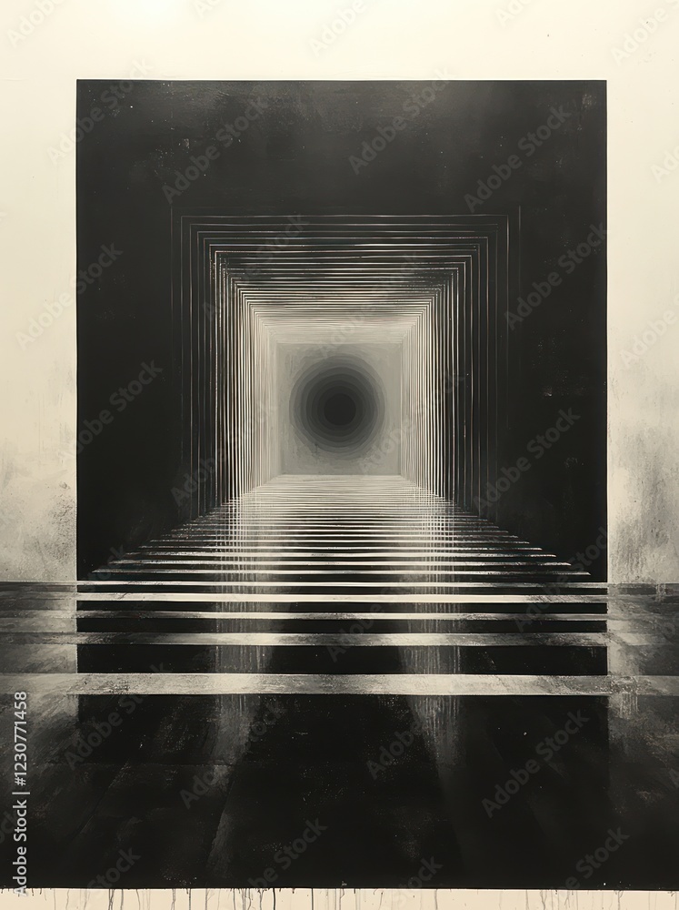 Aufkleber monochromatic tunnel receding to darkness; abstract art; gallery setting; contemplative mood; websit
