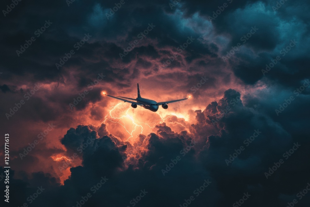 Poster Airplane navigates through turbulent stormy clouds during a dramatic lightning display in the sky. Generative AI