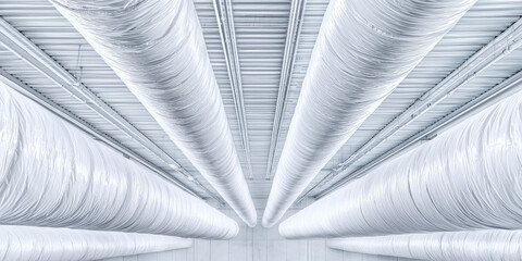 Ventilation pipes under the ceiling of industrial premises, pipes with vapor barrier, beams, and insulation for moisture control. 