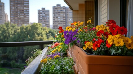 Fototapeta premium Vibrant Colorful Flowers in a Balcony Planter with City View