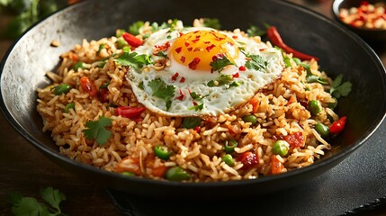 Fried rice with a fried egg. Food image for blog