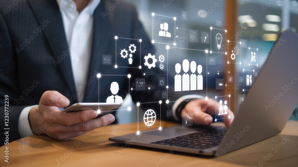 Poster businessman using laptop and smartphone with digital interface showing teamwork and collaboration