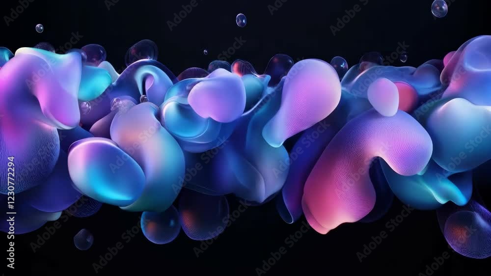 Poster dynamic abstract flow of multicolored bubbles amidst dark background