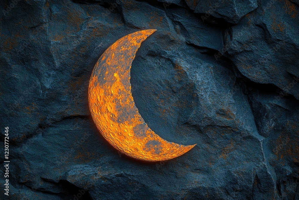 Poster glowing crescent moon embedded in dark, textured rock, creating a mystical, celestial scene.