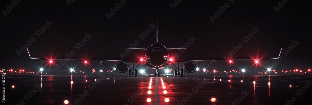 Poster airplane on illuminated runway at night with navigation lights glowing brightly. generative ai