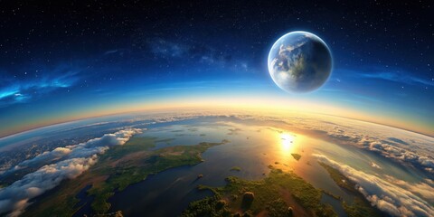 Obraz premium Panoramic view of the Earth from a bird's eye perspective with the moon visible in the sky at dusk , moon, night sky