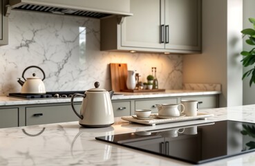 Stylish modern kitchen interior shows off marble-looking quartz countertop, backsplash. Cream electric kettle, porcelain tea accessories neatly arranged on counter next to ceramic hob. Clean,