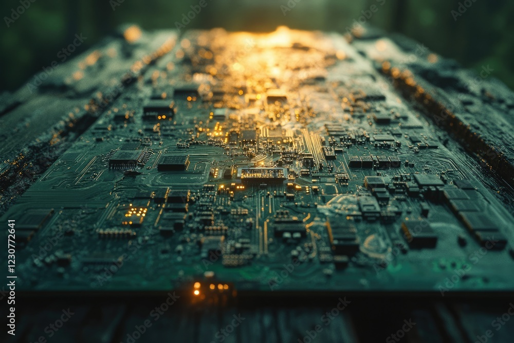 Poster close-up view of a circuit board with glowing components, showcasing intricate details of its electr