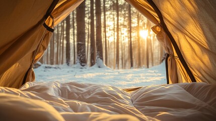 Fototapeta premium A view of the bed inside an orange tent, looking out at snow-covered pine trees in winter. 