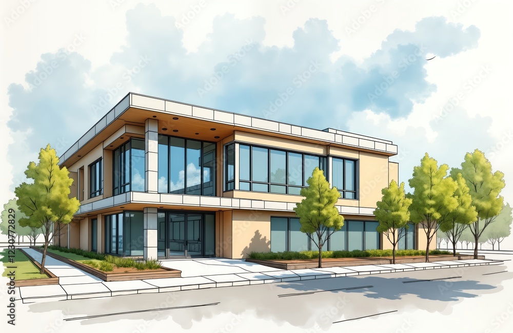 Poster modern building design architecture blueprint shows light beige building with large windows. landsca