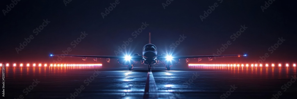 Poster Airplane illuminated by runway lights at night ready for departure in a busy airport environment. Generative AI